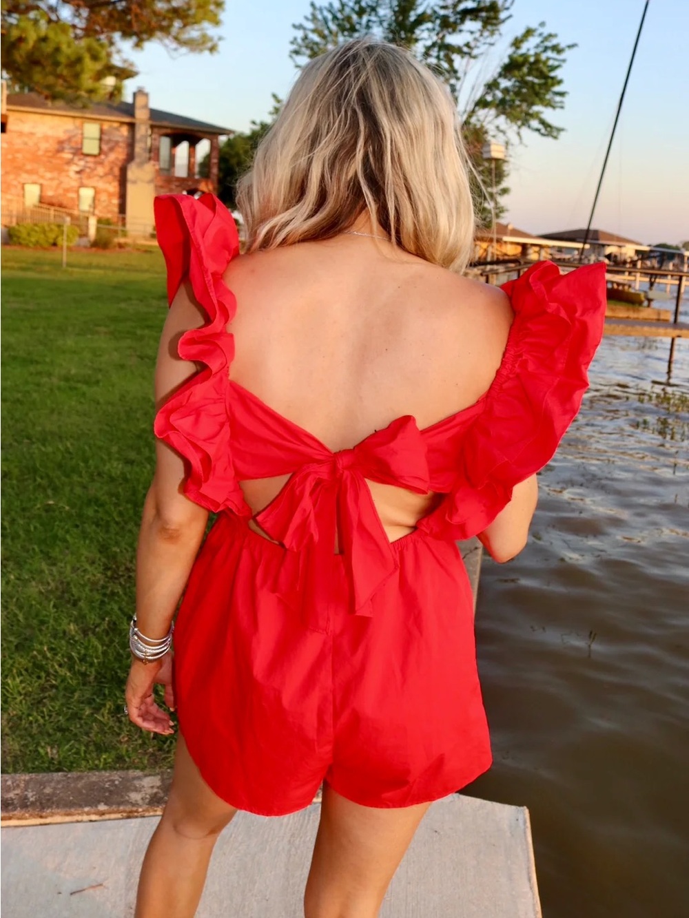 Bright Red Ruffle-Sleeve Romper - Picture 6 of 6